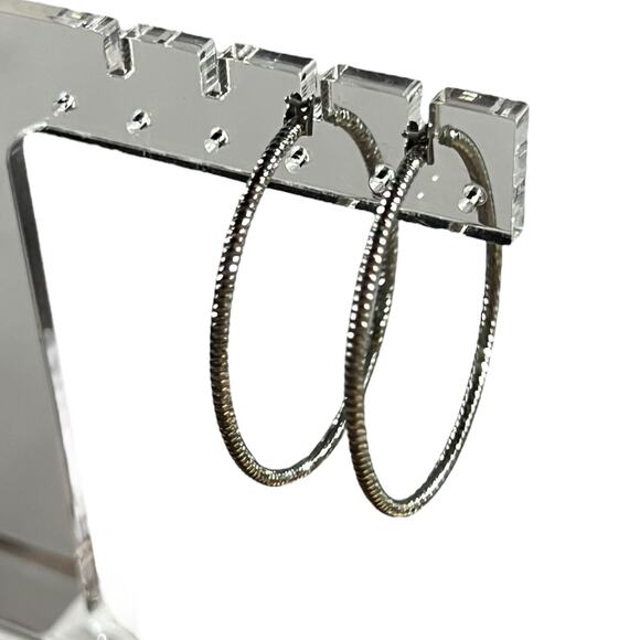 Vintage Silver-Tone Large Hoop Earrings – Textured Pierced Hoops - Picture 9 of 10